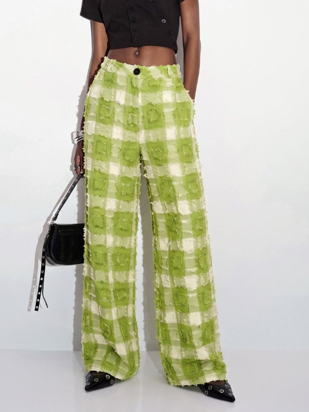 Green Casual Women's 3d Tassel Cut-Out Plaid Loose Wide Leg Long Pants
